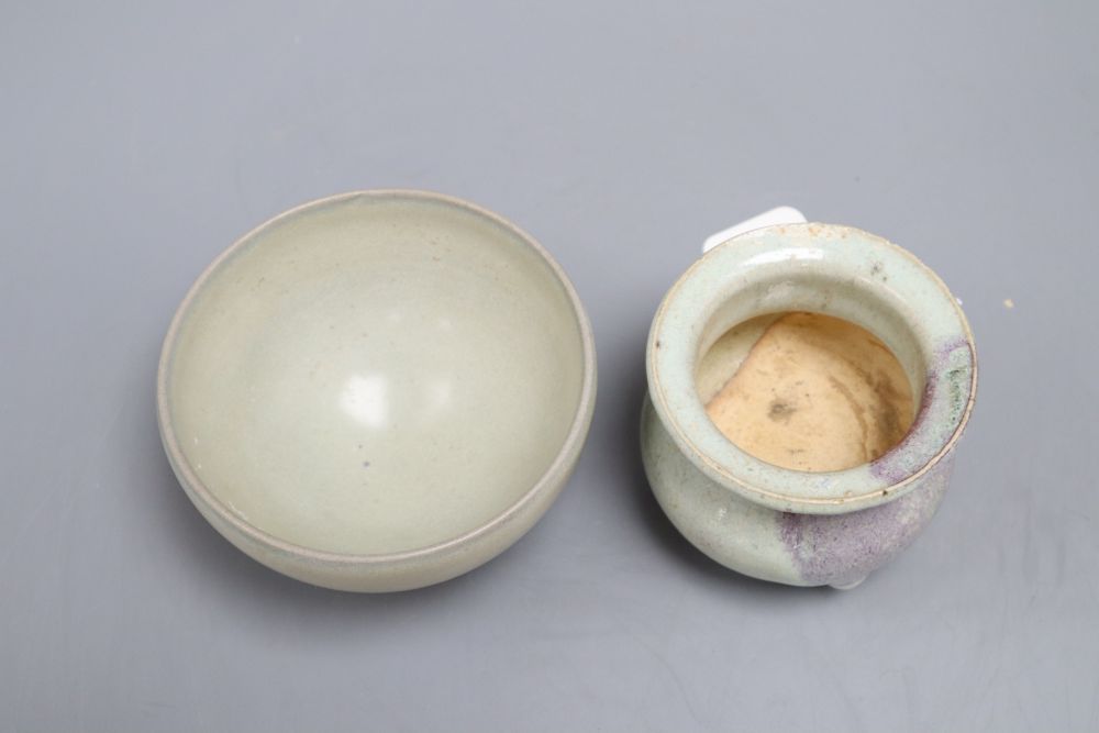 A Chinese three footed censer and a bowl, diameter 12cm